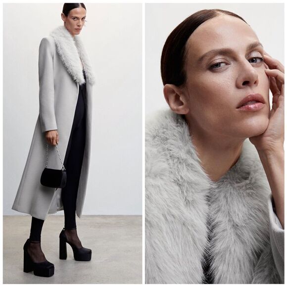 Mango Wool Blend Grey Coat Detachable Collar New - Picture 2 of 4